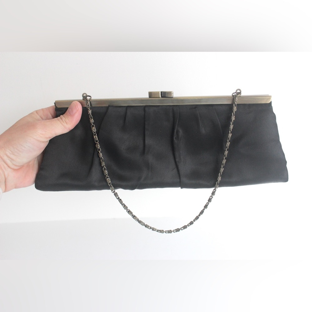 Vintage Matt Black Satin and Antiqued Brass Clutch with Chain, Evening Bag Retro